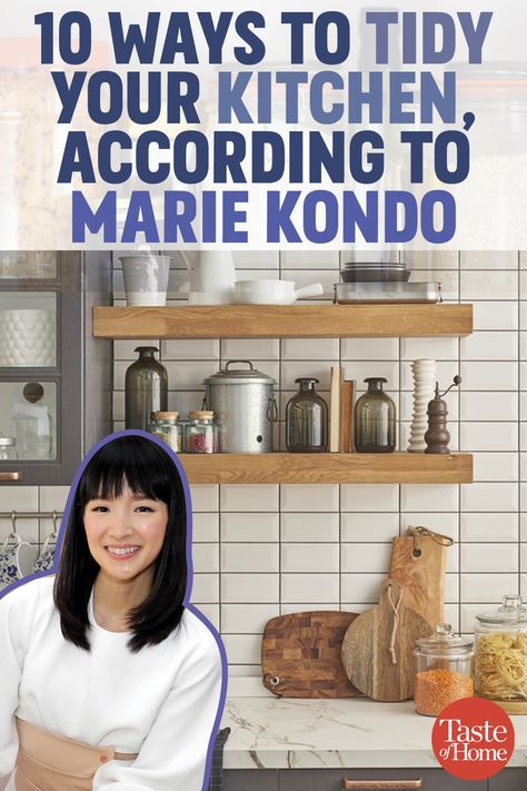 10 Ways to Tidy Your Kitchen, According to Marie Kondo Marie Condo Kitchen, Marie Kondo Kitchen Organizing Ideas, Kitchen Tidy Ideas, Maria Kondo Organizing, Marie Kondo Kitchen, Konmari Kitchen, Maria Kondo, Marie Condo, Kon Marie