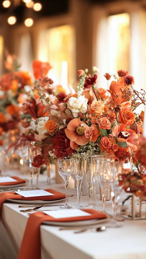 Elegant burnt orange wedding decor featuring rustic centerpieces, chic table settings, and stylish floral arrangements. Copper And Orange Wedding, Burnt Orange Fall Wedding Decor, Wedding Themes Burnt Orange, Marigold Theme Wedding Decor, Burnt Orange Color Scheme Weddings, Sienna Orange Wedding, Wedding Color Burnt Orange, Burnt Orange Terracotta Wedding, Burnt Orange Wedding Reception Ideas