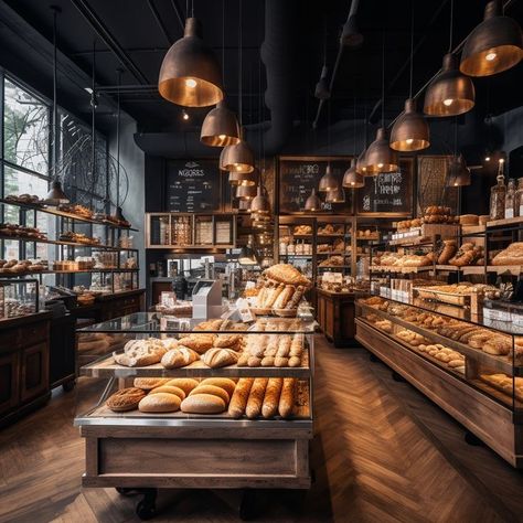 London Bakery Interior, Industrial Bakery Design, Bakery Business Aesthetic, Moody Bakery, Rustic Bakery Interior, Confectionery Shop Design, Modern Bakery Interior, Deli Interior Design, Bakery Ideas Interior