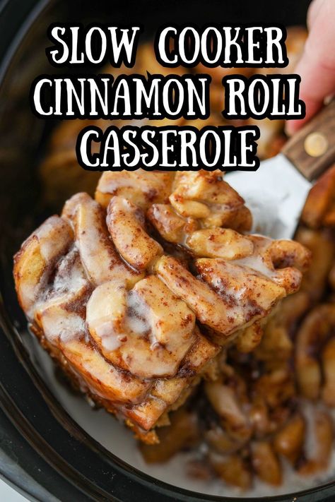 If you're looking for breakfast casserole recipes that are also easy and simple to make, you need to try this Crock Pot Cinnamon Roll Casserole. Made with canned cinnamon rolls and heavy cream, this slow cooker breakfast casserole is perfect for Christmas morning breakfast, special occasions, and more! Instant Pot Cinnamon Roll Casserole, Crock Pot Apple Cinnamon Roll Casserole, Over Night Crockpot Breakfast Recipes, Crockpot Pumpkin Cinnamon Rolls, Slow Cooker Cinnamon Roll Casserole, Slow Cooker French Toast Overnight, Crockpot Breakfast Casserole Overnight, Crockpot Christmas Breakfast, Cinnamon Roll Hacks Canned