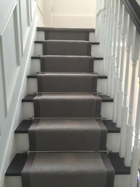 Grey Carpet With Grey Border to Stairs White Stairs Grey Runner, Grey Carpet Runner On Stairs, Stair Runner Edging, Dark Grey Stair Runner, Grey Stairs With Runner, Gray Banister Staircases, Stair Rods Carpet Runner, Painted Stairs With Runner, Stair Paint