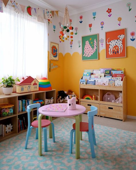 SPARK JOY AND FUN: CREATING AN ENERGY-BOOSTING KID'S ROOM - Kids Interiors Funky Playroom Ideas, Wallpaper In Kids Room, Yellow Playroom Ideas, Fun House Interior, Playroom In Bedroom Ideas, Mcm Playroom, Bright Colorful Nursery Ideas, Playroom Inspiration For Kids, Colorful Kids Playroom