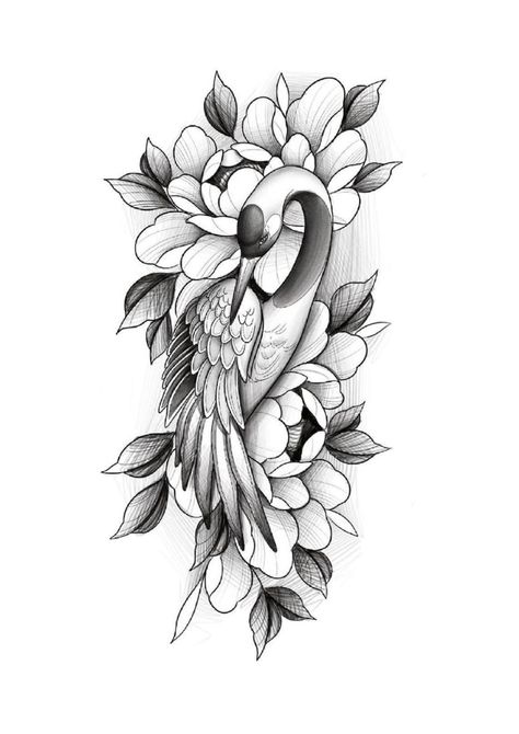 Crane Bird Tattoo, Hibiscus Flower Tattoo Design, Japanese Crane Tattoo, Flower Tattoo Stencils, Crane Tattoo, Vogel Tattoo, Tattoo Ideas For Women, Feminine Tattoo, Tattoo Stencil Outline