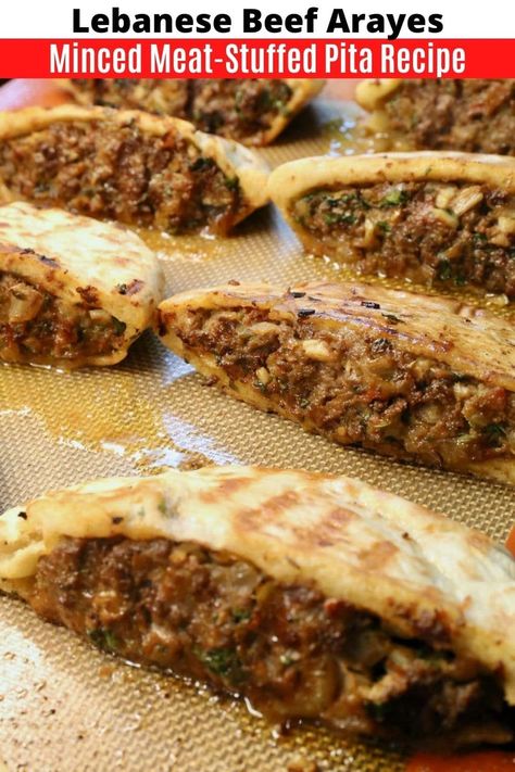 Learn how to make authentic and traditional Lebanese Arayes. Our favourite quick & easy Middle Eastern kofta spiced minced beef stuffed pita sandwiches. The minced meat mixture features garlic, onions, spices, tomato and cilantro. This healthy snack & appetizer recipe is best served as a party finger food from the grill or barbecue. Dip in tahini and serve with fresh lemon slices. Lebanese Meat Stuffed Pita, Lebanese Pita Pockets, Greek Minced Beef Recipes, Mid Eastern Food, Lebanese Arayes Recipe, Lebanese Beef Recipes, Meat Stuffed Pita, Best Lebanese Recipes, Stuffed Pita Bread