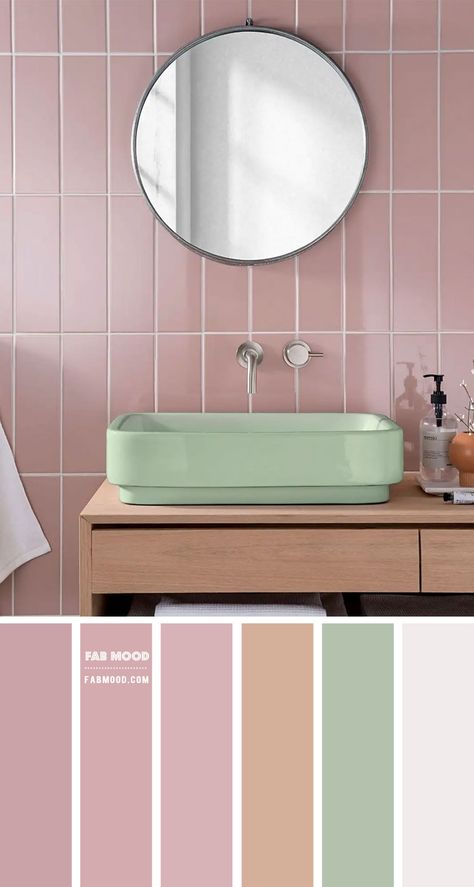 Want pretty and feminine bathroom? Think Pink! This mauve pink bathroom by Topps Tiles prove it’s a great choice for any modern home. Pink wall contrasts with... Bathroom Pink And Green, Pink And Green Toilet, Pink And Green Tiles, Mauve Tile Bathroom Ideas, Pink Tile Bathroom Ideas Color Schemes, Bathroom Pink Green, Pastel Pink Bathroom Decor, White Pink Bathroom, Pink Bathroom Tiles Color Schemes