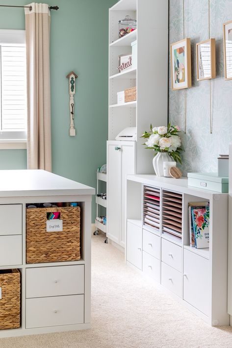 See how we transformed a rarely used guest room into the ultimate craft room studio! Get ideas for craft room furniture, craft room organization, and more. Cricut Storage Ideas, Ultimate Craft Room, Craft Room Organization Ideas, Craft Room Makeover, Cricut Storage, Craft Room Ideas, Room Organization Ideas, Small Craft Rooms, Kids Craft Room