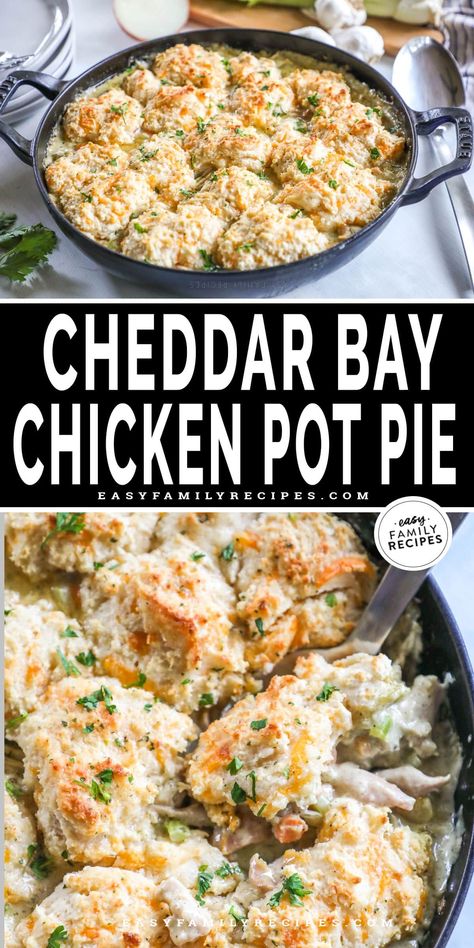 Easy comfort food! This Cheddar Bay Biscuit Chicken Pot Pie has the best combination of flavors! With a creamy chicken and veggie filling topped with cheesy biscuits, and cooked until bubbling and golden-lidded, it’s so delicious. With a couple of easy shortcuts, this homemade cheddar bay chicken pot pie takes only 20 minutes hands-on prep and 20 minutes to bake. This easy chicken pot pie recipe is perfect for busy weeknights and the whole family will love it! Chicken Pot Pie Stuffed Biscuits, Cheddar Bay Biscuit Chicken Pot Pie, Lazy Chicken Pot Pie, Cheddar Bay Chicken, Chicken Pot Pie With Biscuits, Homemade Pot Pie, Biscuit Chicken Pot Pie, Cheesy Biscuits, Easy Chicken Pot Pie Recipe