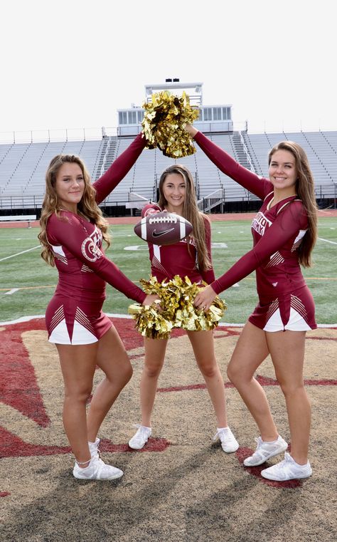 Cheer Pictures With Football Helmet, Cheer Captain Binder, Cheer Captain Ideas, Cheer Team Pictures Poses Group Shots, Cheer Media Day Pictures, Cheer Poses For Two, Cheer Media Day Poses, Highschool Cheer Pictures, Group Cheer Pictures