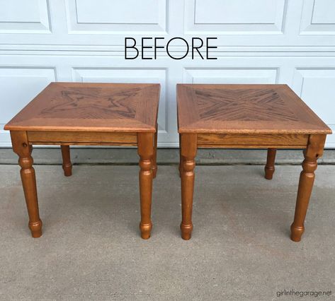 Wood Side Table Makeover, Side Table Decor Ideas, Refinished End Tables, Old End Tables, Refinished Table, Painted End Tables, End Table Makeover, Side Table Makeover, Oak End Tables