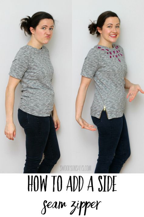 See how to make a shirt bigger with a side hem zipper! This is a refashion sewing tutorial to update old shirts and make them fit better. Refashion Clothes Tutorial, Clothing Makeovers, Jeans Refashion, Reuse Clothes, Reworked Clothes, Trash To Couture, Clothing Alterations, Clothes Upcycle, Upcycle Clothing