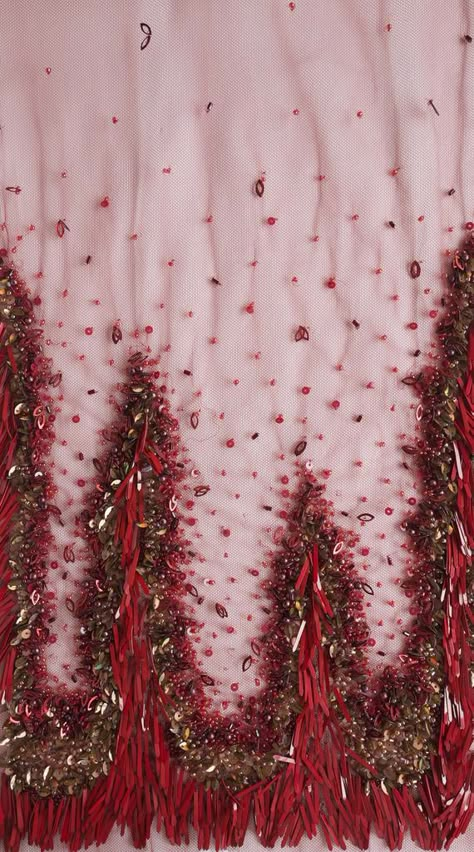 embroidery ideas Luxury Red Embroidered Handwork Fabric, Red Bead Embroidery, Beaded Embroidery On Fabric, Beading On Fabric, Beaded Embroidery Dress, Beaded Textiles, Burgundy Embroidery, Haute Couture Fabric, Couture Fabric