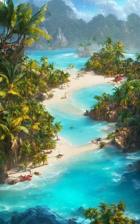 Island Fantasy Aesthetic, Tropical Fantasy Aesthetic, Fantasy Island Aesthetic, Fantasy Island Art, Fantasy Lagoon, Fantasy Tropical Island, Beach Fantasy Art, Tropical Kingdom, Island Concept Art