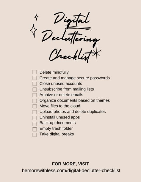 Digital Declutter, Digital Clutter, Digital Minimalism, Declutter Checklist, Packing Essentials List, Journal Questions, Digital Organization, New Year Goals, Organizing Time