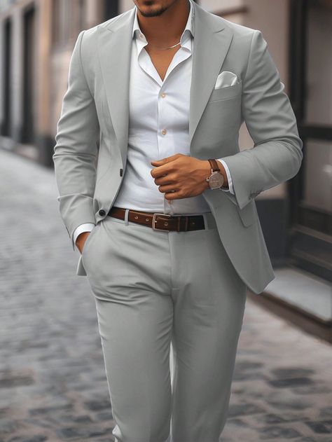 Men 2-Piece Solid Color Suit Set: Jacket And Trousers Light Grey Work    Plain  Non-Stretch  Men Clothing, size features are:Bust: ,Length: ,Sleeve Length: Light Color Suits For Men, Suits For Man Wedding, Mens Grey Suit Outfit, Suit Men Ideas, Best Suit Colors For Men, Men’s Grey Suit, Grey Men’s Suit, Blazer Ideas For Men, No Tie Suit