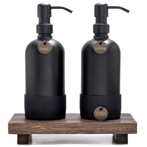 PRICES MAY VARY. MODERNIZE YOUR HOME - our chic rustic decorative soap dispenser set with tray consists of two modern fortified black 18oz glass soap dispenser bottles with black stainless steel pumps, cute waterproof wood labels and non slip large silicone bases adorned with a rustic vintage wood tray. Your home desearves our hand soap and dish soap dispenser set and bathroom countertop soap dispensers. MAKE YOUR DAILY LIFE LUXURIOUS - this aesthetically pleasing soap and lotion dispenser set w Soap And Lotion Dispenser Set, Luxury Bathroom Accessories Set, Hand And Dish Soap Dispenser, Soap Dispenser Set, Wood Labels, Bathroom Accessories Luxury, How To Waterproof Wood, Glass Soap Dispenser, Kitchen Soap Dispenser