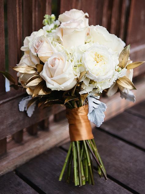 Want to create a classic wedding bouquet with a pop of glam? Wrap white blooms in metallic ribbon for a slight shimmery gleam. Gold Wedding Bouquets, Gold Wedding Flowers, Prom Bouquet, Gold Bouquet, Simple Beach Wedding, White Bridal Bouquet, Prom Flowers, White Wedding Bouquets, Have Inspiration