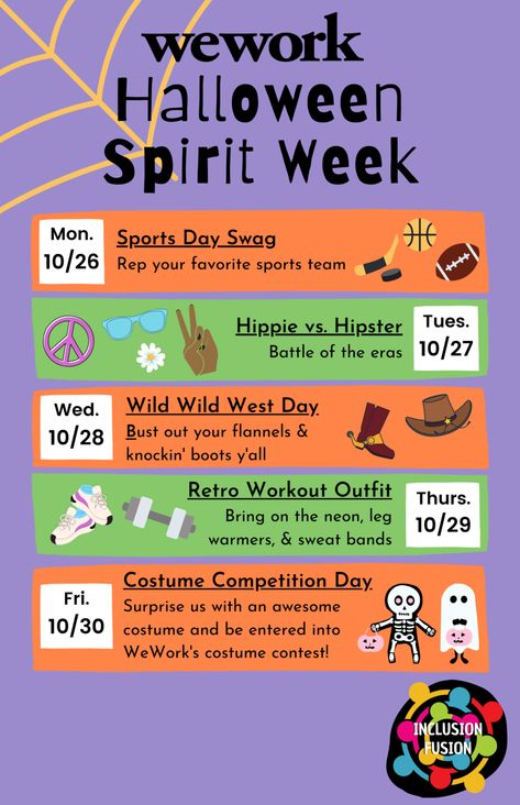 Spirit Week Dress Up Ideas, Halloween Spirit Week Ideas For Work, Halloween Spirit Week Ideas, Fall Spirit Week, Dress Up Day Ideas, Holiday Spirit Week, Spirit Week Ideas, Spirit Day Ideas, School Spirit Week