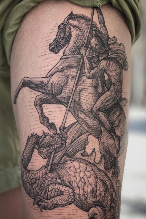 St George Dragon Tattoo, Dragon Engraving Tattoo, St George Tattoo Design, Medieval Dragon Tattoo Sleeve, St George And The Dragon Tattoo, Saint George And The Dragon Tattoo, Dragon Tattoo Medieval, Midevil Tattoos Sleeve, Rennisance Tattoo