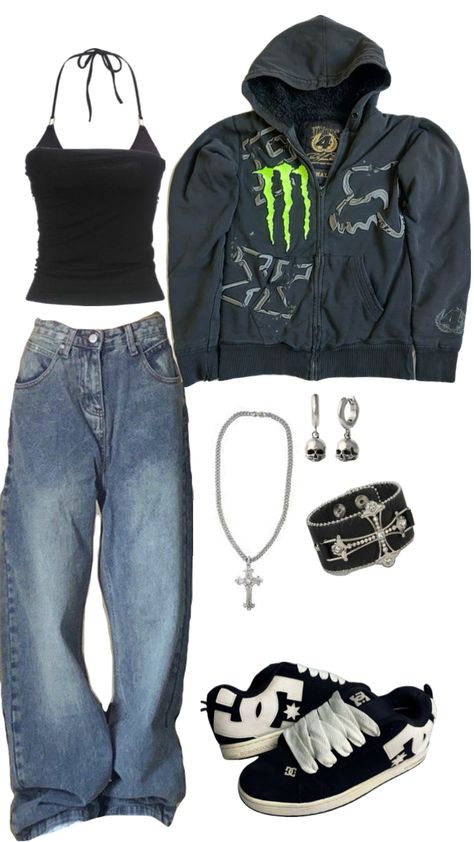 #outfitinspo #y2k #y2kgrunge #monsterenergy #skater Baggy Outfit Ideas, Skater Outfits, 2000s Fashion Outfits, Swaggy Outfits, Simple Trendy Outfits, Cute Everyday Outfits, Baddie Outfits Casual, Really Cute Outfits, Fit Inspo