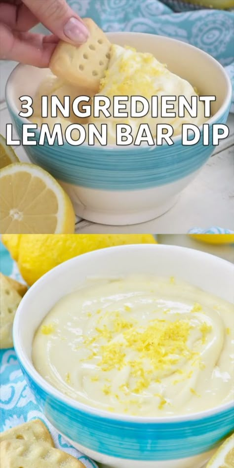 Only THREE ingredients for this delicious and easy Lemon Bar Dip #dessert #dip Dip Dessert, Soup Shooters, Dessert Dip Recipes, Smores Dessert, Lemon Bars Easy, Dessert Dip, Coconut Dessert, Lemon Bar, Sweet Dips