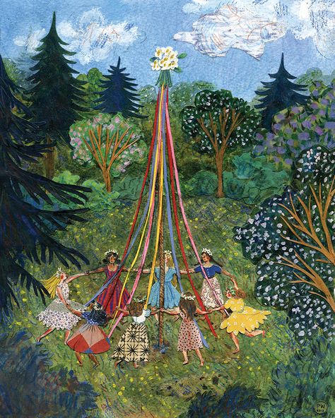 May Pole Illustration, Pheobe Wall, May Day Aesthetic, May Day Images, May Aesthetic Month, May Day Ideas, Water Colored Pencil, Phoebe Wall, Beltane Aesthetic