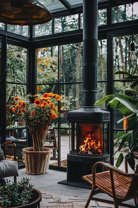 Cozy Sunroom Fireplace Ideas for a Warm Retreat Small Screen Porch With Fireplace, Green House With Fireplace, All Season Room With Fireplace, Rustic 3 Season Room Ideas, Solarium With Fireplace, Sunroom With Jacuzzi, Four Seasons Room With Fireplace, Conservatory With Fireplace, Interior Design Sunroom