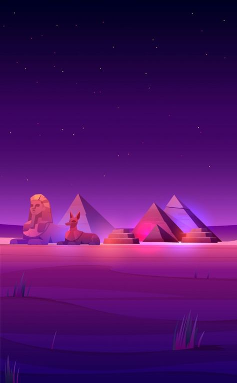 Egyptian night desert pyramids, sphinx a... | Free Vector #Freepik #freevector #phone #cartoon #world #mobile Pyramid Painting, Egyptian Wallpaper, Aesthetic Egypt, Anubis And Horus, Egypt Desert, Pyramid Art, Desert At Night, Ancient Egypt Aesthetic, Egypt Wallpaper