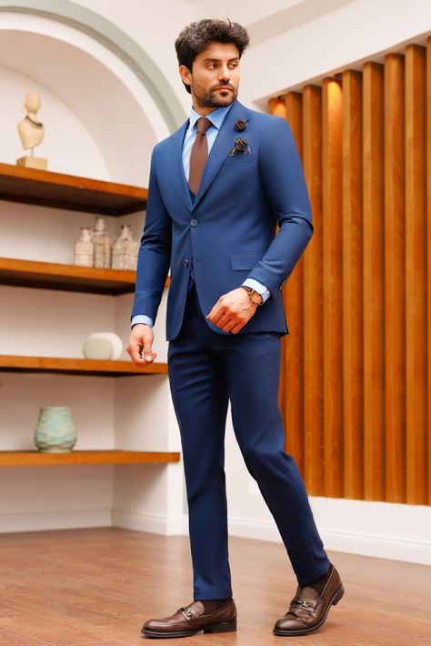 Unleash your sophisticated charm with our captivating navy slim-fit suit 3-piece. Indulge in the flawless tailoring, refined notch lapels, and fully lined interior of the single-breasted jacket, ensuring a striking and sophisticated appearance. #suit #suits #suitup #formalattire #menstyle #menfashion #gentleman #dapperlook #formalwear #fashioninspo #bluesuit Blue Blazer Outfit Men, Black Double Breasted Suit, Navy Slim Fit Suit, Mens Formal Outfits, Blazer Waistcoat, Blue Blazer Outfit, Navy Blue Tuxedos, Blue Slim Fit Suit, Modern Fit Suit