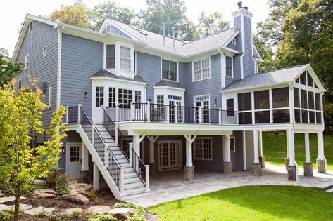 Composite Deck, Screened Porch, Underdeck Drainage and Patio - Contemporary - Porch - DC Metro - by Deckscapes of VA, LLC | Houzz Deck Screened Porch, Walkout Basement Patio, Concrete Backyard, White Pines, Deck Addition, Deck Remodel, Three Season Porch, Backyard Layout, Farmhouse Exterior Design