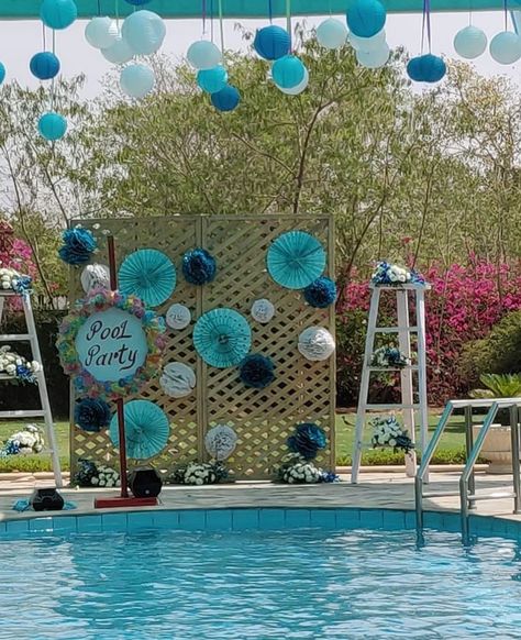 Photobooth at the pool side... #indianweddingblog #saree #designerblouse #teluguwedding #telugubride #tamilwedding #tamilbride #weddingbrigade #gorgeousbride #shopzters #shaadimagic #bridesessentials #ezwed #pellipoolajada #southindianbride #southindiaanwedding #templejewellery #southindianweddingdecor Pool Party Stage Design, Pool Side Birthday Party Ideas, Pool Side Mehendi Decor, Haldi Decoration Ideas Pool Side, Pool Party Backdrop Ideas, Pool Side Haldi Decor, Mamma Mia Pool Party, Luau Backdrop, Haldi Carnival