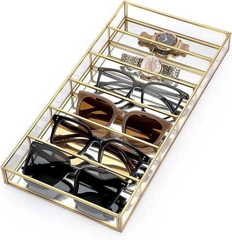 Amazon.com: Hipiwe Glass Sunglass Organizer Tray Eyewear Eyeglass Storage Display Case Gold Mirrored Jewelry Perfume Display Tray Vintage Gold Sunglass Storage Case for Drawer Dresser Closet, 6 Slots : Clothing, Shoes & Jewelry Sunglasses Tray, Retail Display Case, Eyeglass Storage, Sunglass Storage, Sunglass Organizer, Mirrored Storage, Dresser Closet, Perfume Organizer, Types Of Sunglasses