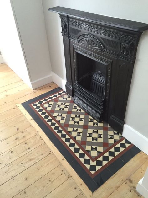 Fireplace Hearth Tiles, Victorian Fireplace Tiles, Tiles Fireplace, Hearth Tiles, Victorian Floor Tiles, Victorian Floor, Victorian Living Room, Black Fireplace, Victorian Bedroom