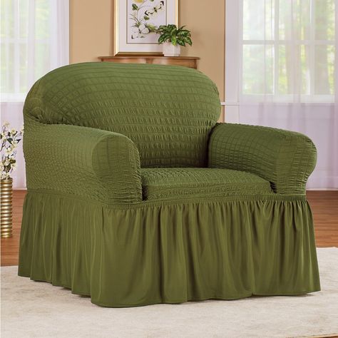 Textured Squares Ruffled Slipcover | Collections Etc. Ruffled Chair Covers, Skirted Sofa, Sofa Protector, Loveseat Slipcovers, Armchair Slipcover, Collections Etc, Box Cushion, Furniture Slipcovers, Green Chair