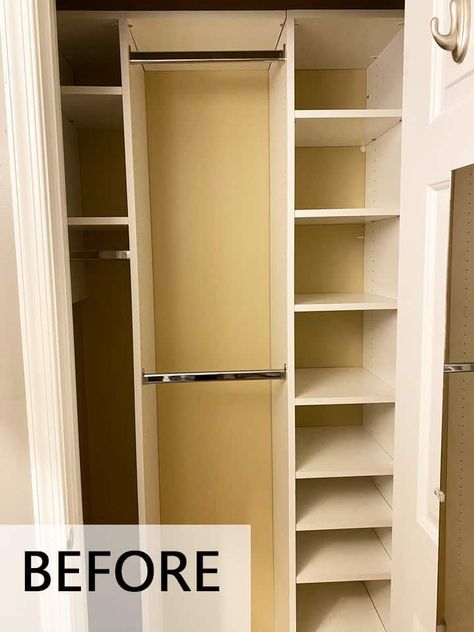 Tiny Custom Closet, Small Closet For Two People, Maximize A Small Closet, Tiny Bedroom Closet Organization, Narrow And Deep Closet Ideas, Small Closet Maximum Storage, Small Closet Redesign, Shared Small Closet, Closet Dresser Ideas Small Spaces