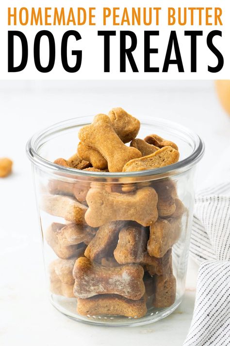 These homemade peanut butter dog treats are so easy and you only need four ingredients. Pups will love the peanut butter flavor! Homemade Peanut Butter Dog Treats Recipe, Making Dog Treats, Dog Treats Homemade Peanut Butter, Homemade Peanut Butter Dog Treats, Homemade Dog Treat Recipes, Dog Treats Homemade Easy, Easy Dog Treat Recipes, Dog Biscuit Recipes, Easy Dog Treats