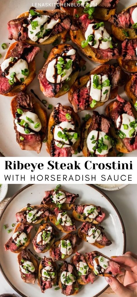 Prime Rib On Crostini, Beef Appetizers For Party Fancy, Nye Apps Holiday Appetizers, Steak And Horseradish Crostini, Steak And Burrata Crostini, Steak With Horseradish Sauce, Steak Toast Appetizer, Bruchetta Appetizers Steak, Red Meat Appetizers