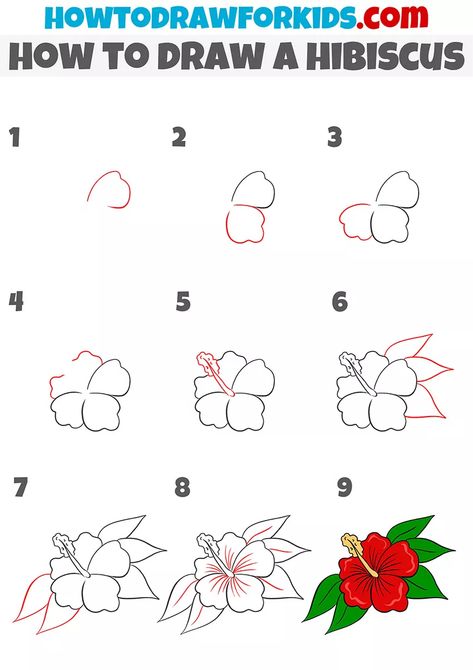 Hibiscus Drawing Tutorial, Drawing A Flower Step By Step, Painting Of Hibiscus Flower, How To Draw Lotus Step By Step, How To Draw A Hibiscus Flower Easy, Hawaiian Flowers Drawing Step By Step, Tropical Flowers Drawing Step By Step, Hibiscus Flower Doodle, How To Draw A Hawaiian Flower