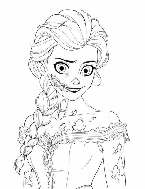 Cute zombie Elsa princess coloring page Zombie Elsa, Zombie Coloring Pages, Horror Coloring Pages, Zombie Princess, Goth Disney Princess, Elsa Coloring Pages, Our Mindful Life, Witch Coloring Pages, Cute Zombie