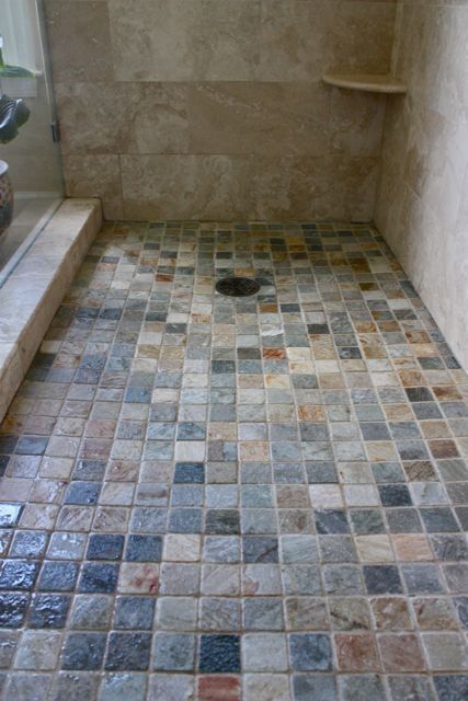 Rock Floor Shower Tile, Natural Stone Bathroom Ideas Shower Tiles, Bathroom Shower Rock Floor, Bathroom Remodel Travertine Tile, Pebble Tile Shower Floor Rustic, Slate Shower, Master Bath Shower, Tiled Shower, Shower Tile Designs