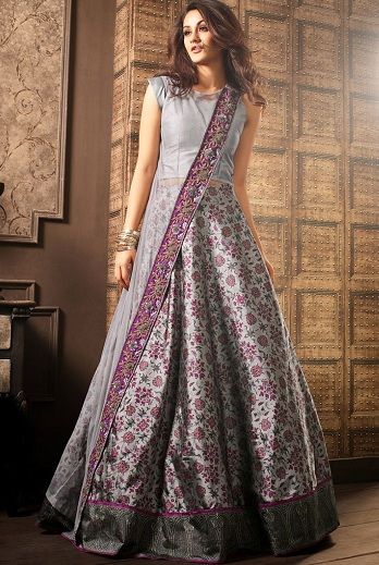 Silk Indo Western Lehenga Choli वेस्टर्न ड्रेस, Silk Kameez, Grey Dupatta, Drape Lehenga, Indo Western Lehenga, Indo Western Outfits, Long Choli Lehenga, Western Lehenga, डिजाइनर कपड़े