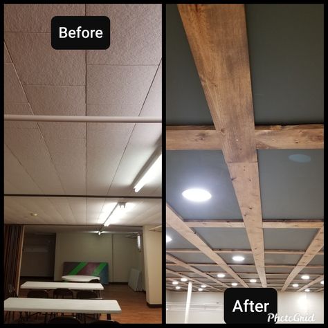 The original ceiling was from the 1960's. We removed it all, used brackets and 2x4's to drop the ceiling 2 inches, built the frames from 1x6's and used drywall for the ceiling tiles. They can be pushed up and slid over to access the ceiling cavity. We also replaced florescent tube lighting with led lighting on dimmers. Drop Ceiling Living Room, 7ft Basement Ceiling Ideas, Basement Bar With Drop Ceiling, Drop Ceiling Wood Panel, Wood Look Drop Ceiling Tiles, Wood Drop Ceiling Tiles, Old Basement Ceiling Ideas, Basement Short Ceilings, Wood Tile Floor Whole House