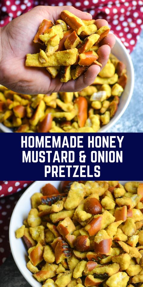 Honey Butter Pretzels, Homemade Snacks That Last, Mustard Onion Pretzels, Pretzel Chips Snacks, Savory Homemade Snacks, Honey Mustard Seasoning, Honey Mustard Chex Mix Recipes, Honey Mustard And Onion Pretzels, Salted Honey Butter Pretzels