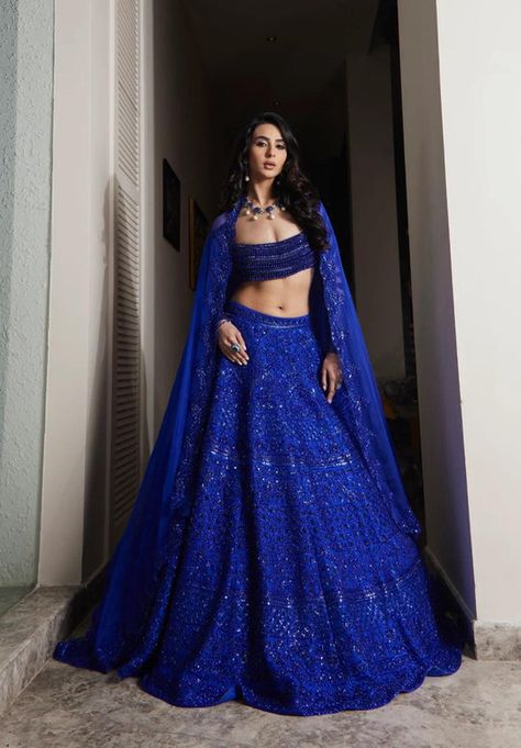 qivii Sangeet Outfit Bridal, Indian Reception Outfit, Royal Blue Lehenga, Bustier Blouse, Reception Outfits, Sangeet Outfit, Raw Silk Lehenga, Reception Outfit, Sequence Embroidery