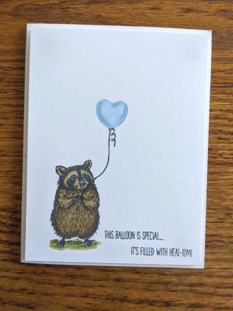 Get Well Raccoon Get Well Painting Ideas, Get Well Soon Painting Ideas, Get Well Soon Pun Cards, Get Well Puns, Get Better Card Ideas, Get Well Cards Handmade Cute Ideas, Get Well Card Ideas Handmade, Feel Better Card Ideas, Get Well Watercolor Cards