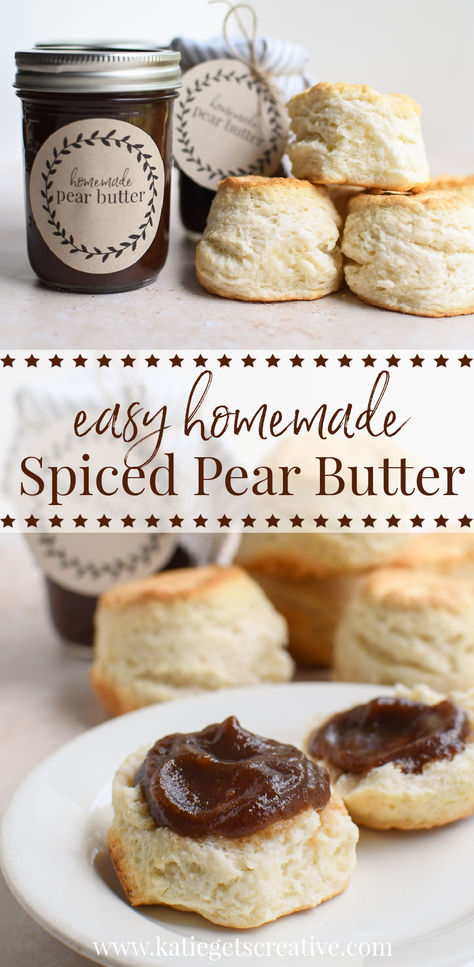 This rich pear butter is sweet and a little tangy and filled with warming spices-all of our favorites, cinnamon, nutmeg, and cloves! We make it in the crock pot and let it simmer all day. This recipe can be water bath canned or frozen. Pear Preserves Recipe Easy, Recipes For Canning Pears, Pear Pie Filling Canning, Dried Pear Recipes, Preserving Pears Canning Recipes, Canning Pears Recipes, Pear Butter Crock Pot, Easy Pear Canning Recipes, Pear Butter Recipe Canning Crock Pot