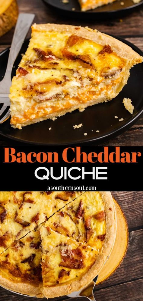 Bacon Cheddar Quiche Bacon Cheddar Quiche, Filet Mignon Chorizo, Buttery Flaky Pie Crust, Cheddar Quiche, Bacon Quiche, Easy Bacon, Breakfast Quiche, Quiche Recipe, Flaky Pie Crust