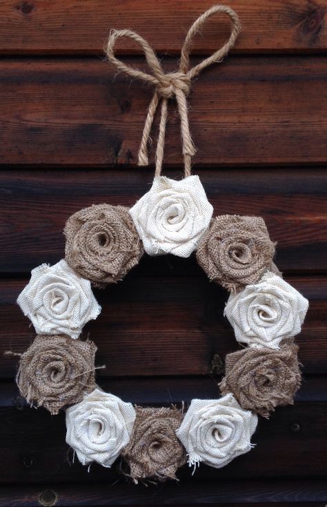 Hand-made Hessian Wreath with Natural and Ivory Roses and Jute tie for weddings and special occasions. Ragbags1234 on Etsy and eBay. (£14.99) Burlap Roses Tutorial, Fabric Wreath Tutorial, Burlap Flower Tutorial, Burlap Crafts Diy, Shabby Chic Christmas Ornaments, Shabby Chic Diy Crafts, Burlap Flower Wreaths, Burlap Roses, Creative Origami