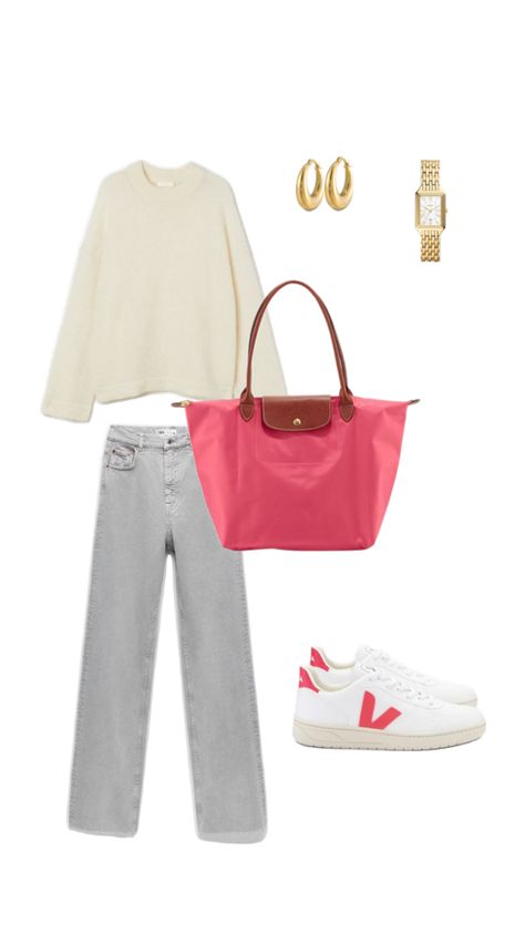 #veja #sneakers #vejasneakers #longchamp #pink #pinklongchamp #zara #h&m #goldhoops #goldjewellery Pink Sneakers Outfit, Longchamp Outfit, Veja Sneakers, Pink Sneakers, Winter Fits, Sneakers Outfit, Clothes Accessories, Wish List, Zara