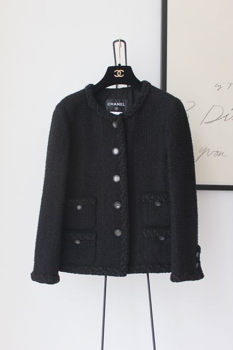 Chanel Black Tweed Jacket, Chanel Black Jacket, Chanel Coats & Jackets, Chanel Blazer, Designer Things, Chanel Clothing, Black Tweed Jacket, Chanel Style Jacket, Chanel Jackets