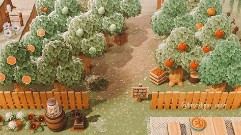 Acnh Fruit Tree Orchard Ideas, Fruit Farm Animal Crossing, Acnh Paths Designs Orchard, Acnh Orchard Entrance, Acnh Orchard Design Code, Acnh Small Orchard Ideas, Fairycore Orchard Acnh, Animal Crossing Farm Path, Animal Crossing Island Area Ideas